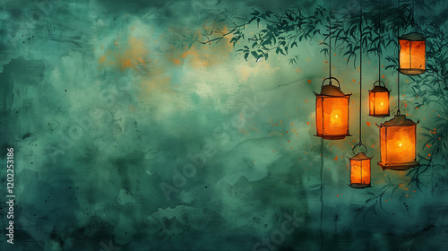Lanterns hanging against green misty background