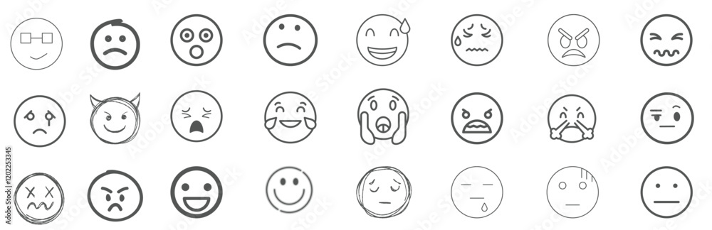 A set of 24 monochrome circular emoji icons displaying various facial expressions and emotions. Simple line-style illustrations include happy, sad, angry, surprised, love. A set of 24 monochrome circular emoji icons displaying various facial expressions and emotions. Simple line-style illustrations include happy, sad, angry, surprised, love.