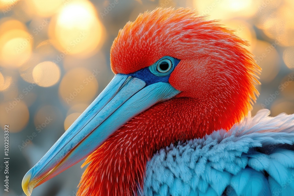 Fototapeta premium Vibrant Red And Blue Pelican Close Up Portrait