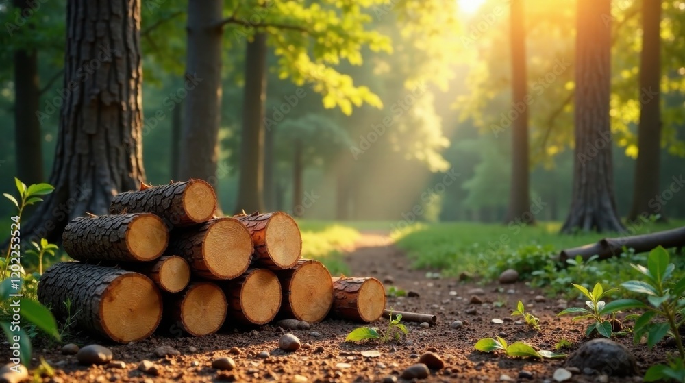 Serene Woodland Path with Stacked Logs at Dawn Serene Woodland Path with Stacked Logs at Dawn