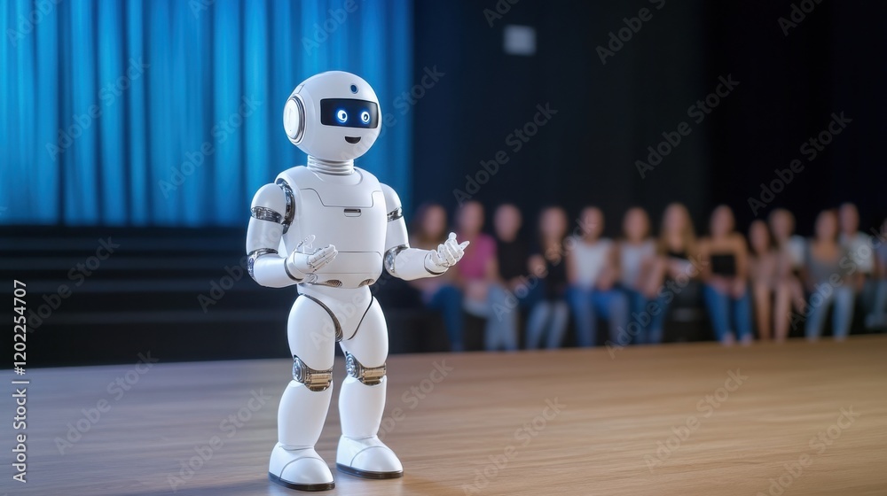 a humanoid robot performing a stand-up comedy routine on stage a humanoid robot performing a stand-up comedy routine on stage