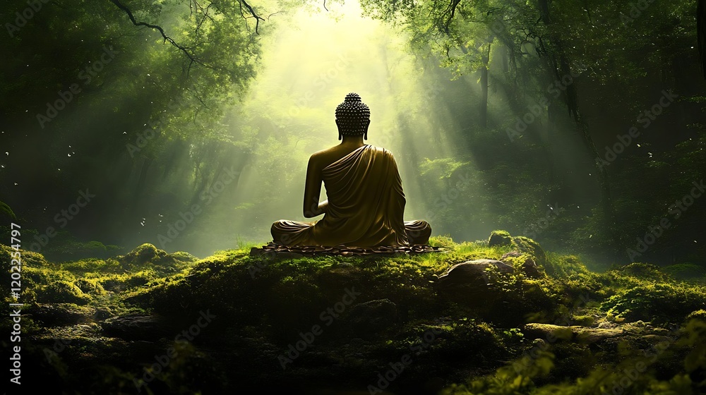 An artistic representation of Gautama Buddha in a peaceful forest setting, radiating calmness and spiritual energy