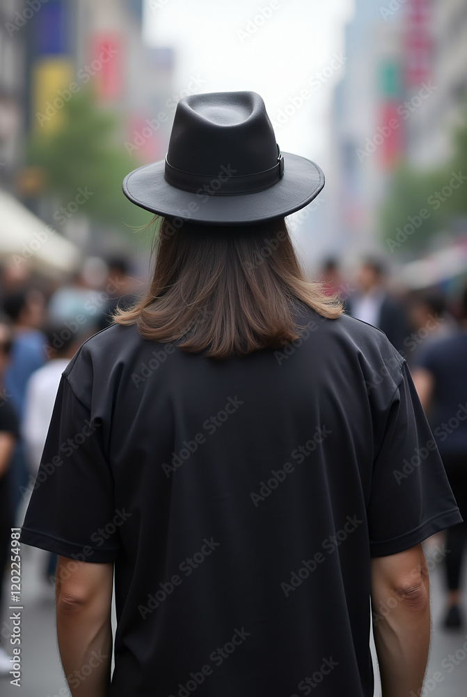 Urban Korean Man with Long Hair and Hat in Black T-Shirt Walking in City Crowd Urban Korean Man with Long Hair and Hat in Black T-Shirt Walking in City Crowd
