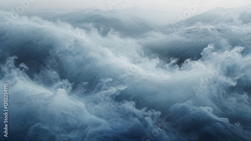 Abstract composition of fog and air movement in shades of blue and white, creating a dreamy, ethereal feel.


