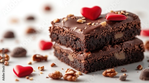 Two chocolate brownies are stacked with glossy chocolate coating, adorned with red heart shapes and sprinkled with nuts, in a delicious dessert setting. photo