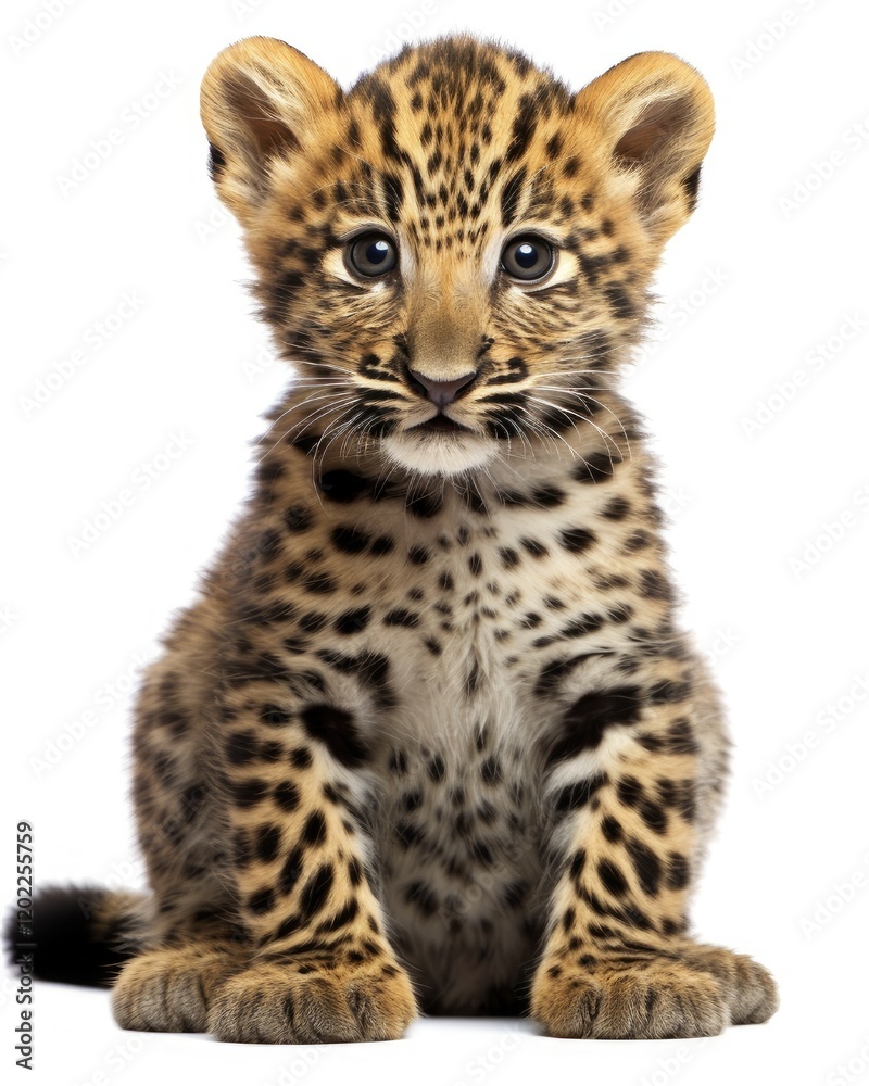 Adorable Spotted Leopard Cub - Close-up Portrait of 7-week-old Wild Baby Animal Isolated on White Background Adorable Spotted Leopard Cub - Close-up Portrait of 7-week-old Wild Baby Animal Isolated on White Background