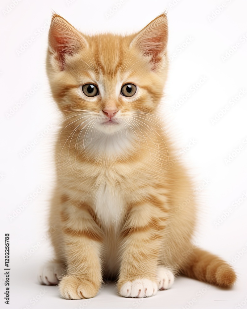 Fototapeta premium Adorable Young Ginger Kitten with Soft Fur Sitting on White Background, Paws Front View - Perfect Stock Image for Felino Lovers