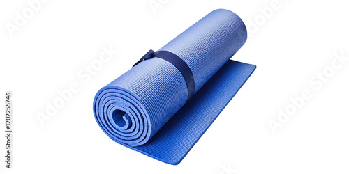 Blue rolled yoga mat with strap isolated on transparent background