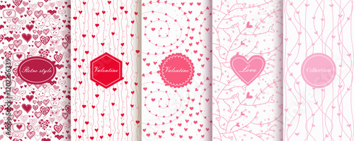 Set of Cute seamless patterns with hearts. Ready template for design cards, print, poster, Valentine's day, romantic wedding design. Vector