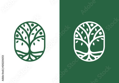 nature logo vector design template line art tree and human or person inside circle, abstract tree logo symbol inside circle