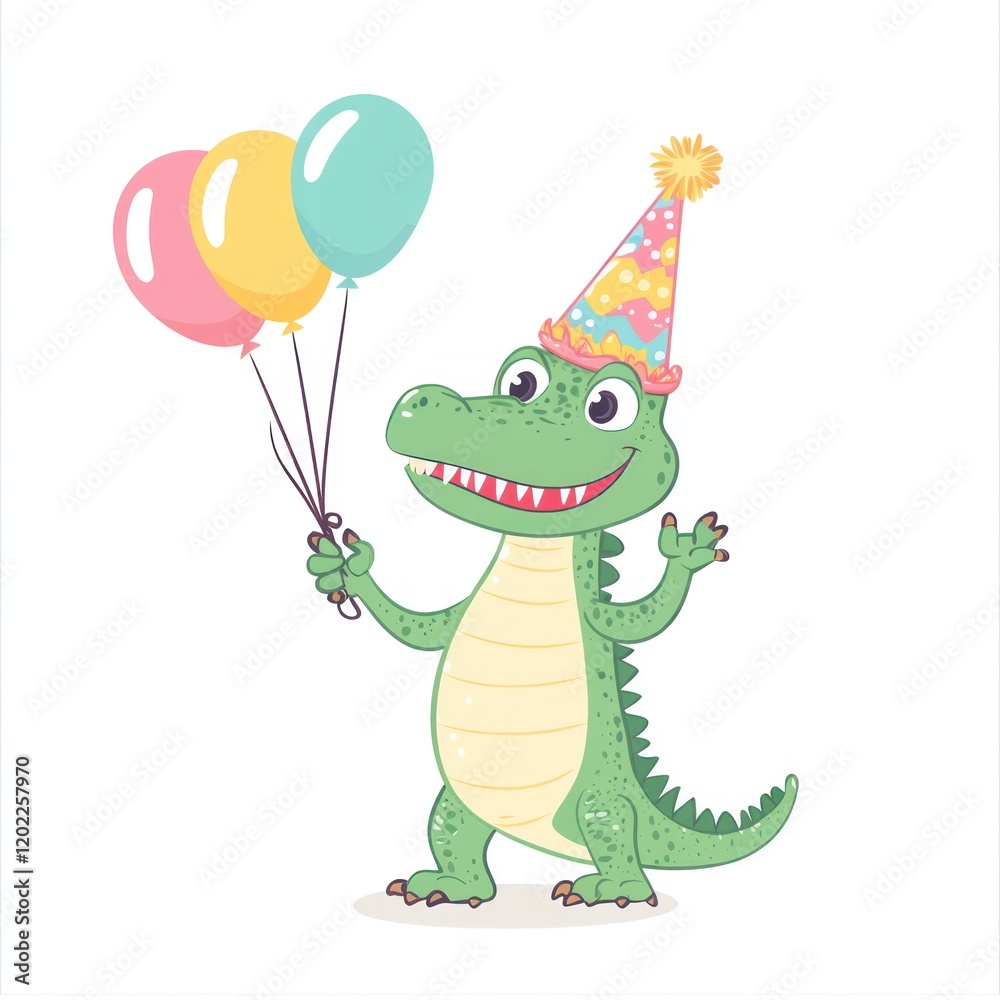 Fototapeta premium Cartoon alligator wears a party hat and holds balloons, isolated on a white background