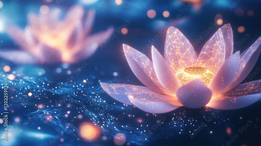 Fototapeta premium Enchanted Lotus Bloom Digital Symphony of Light and Nature