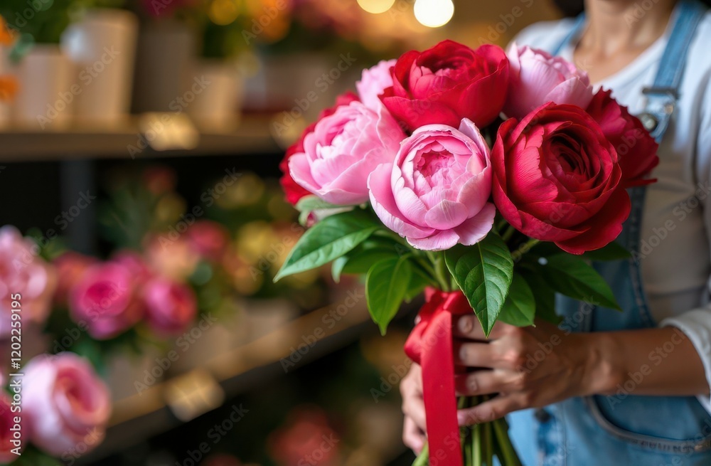 Woman florist cropped view, holding bouquet of peonies with red ribbon. Valentine's day flower delivery, flower shop Woman florist cropped view, holding bouquet of peonies with red ribbon. Valentine's day flower delivery, flower shop