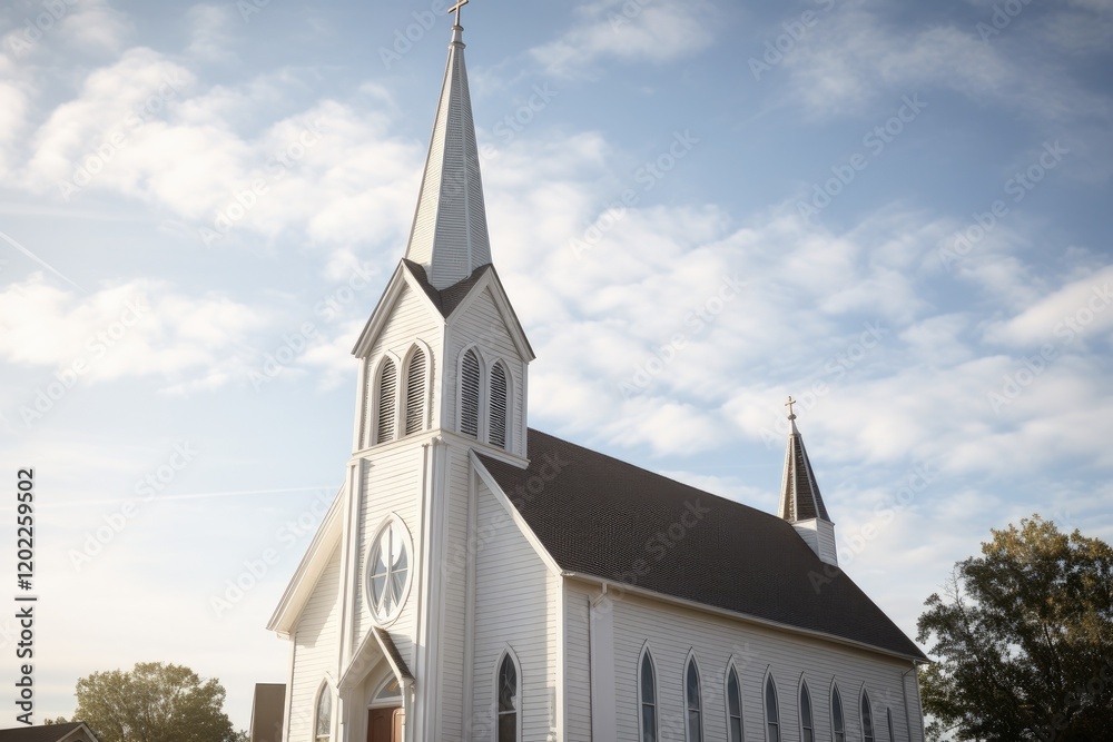 Church Exterior Architecture with Whitewashed Walls, Brown Trim, and Towering Steeple for Religious Christian Worship Church Exterior Architecture with Whitewashed Walls, Brown Trim, and Towering Steeple for Religious Christian Worship