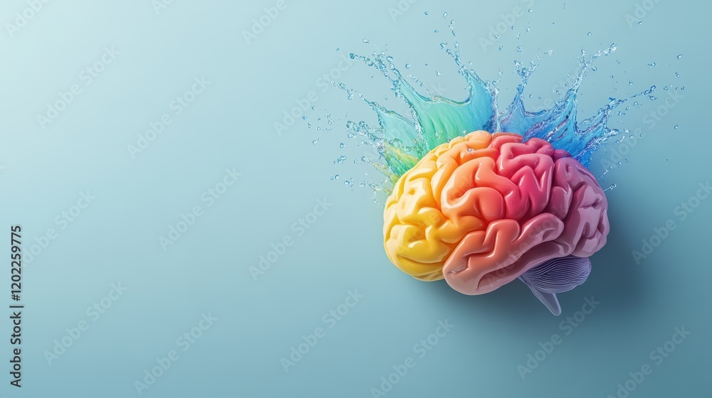 Colorful Brain with Water Splashes and Rainbow Effect on Light Background Colorful Brain with Water Splashes and Rainbow Effect on Light Background