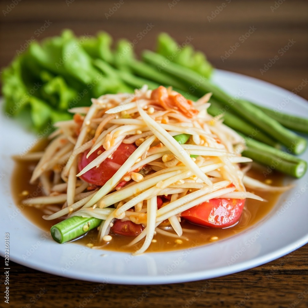 Somtam is Papaya Salad Thai. Made from chopped papaya. mixed with raw shrimp, Thai style, isolated on white background, papaya spicy salad - somtam - Thai traditional street food style Somtam is Papaya Salad Thai. Made from chopped papaya. mixed with raw shrimp, Thai style, isolated on white background, papaya spicy salad - somtam - Thai traditional street food style