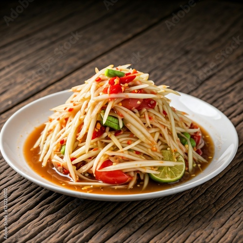 Somtam is Papaya Salad Thai. Made from chopped papaya. mixed with raw shrimp, Thai style, isolated on white background, papaya spicy salad - somtam - Thai traditional street food style