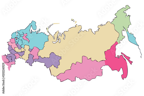 Detailed vector map of Russia with stylized colorful regional boundaries, showcasing administrative divisions and geographical layout.