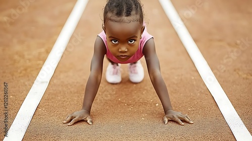 A young athlete standing at the starting line of a race, their bold, determined eyes focused ahead. photo