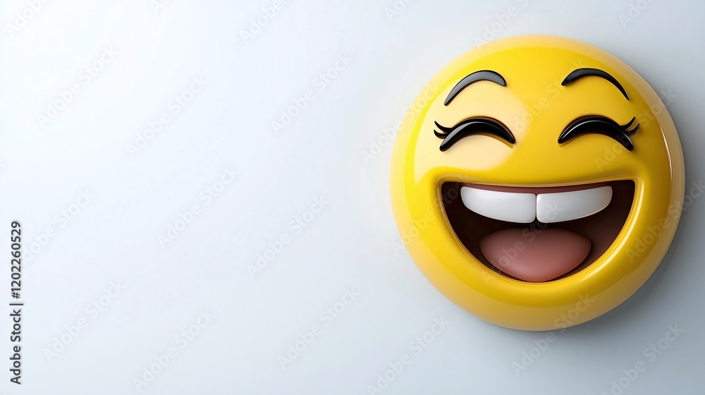 Fototapeta premium 3D yellow smiley face laughing with wide-open mouth, showcasing bright teeth, on a clean white background.
