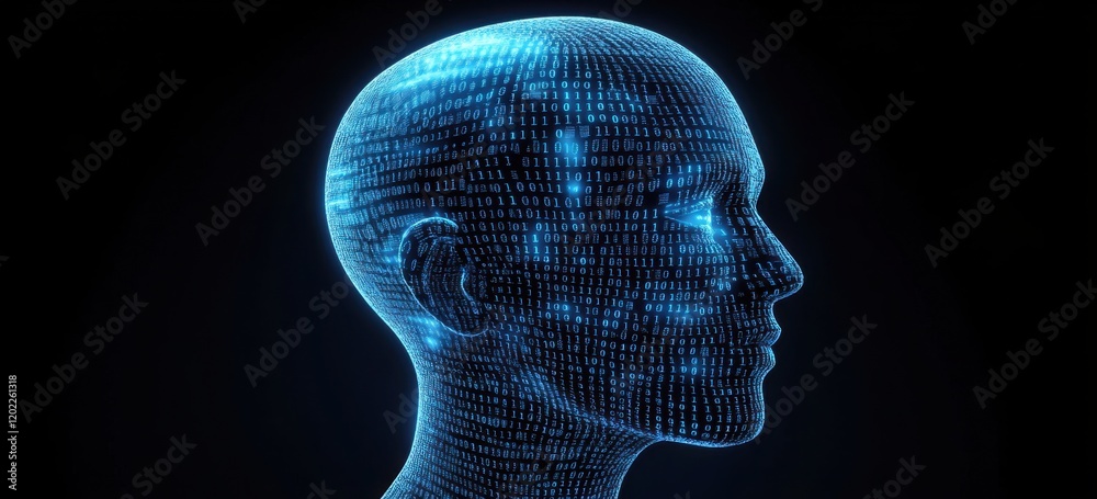 Obraz premium Artificial Intelligence concept with a blue, glowing digital human head profile and a binary code background Generative AI