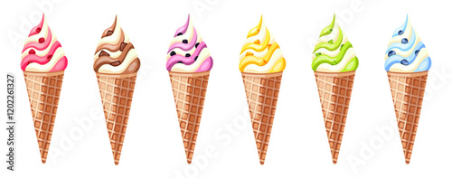 Set of ice cream in cartoon style. Vector illustration of ice cream in waffle cone with different flavors and pieces:raspberry,chocolate,blackberry,mango,kiwi,blueberry,isolated on white background.