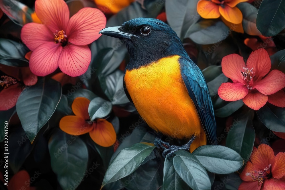 Fototapeta premium tropical birds and exotic flowers in vibrant neon colors, geometric patterns overlay, modern digital collage style