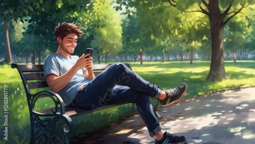 Young Man Relaxing on a Park Bench with a Smartphone in Hand, Enjoying a Sunny Day in Nature