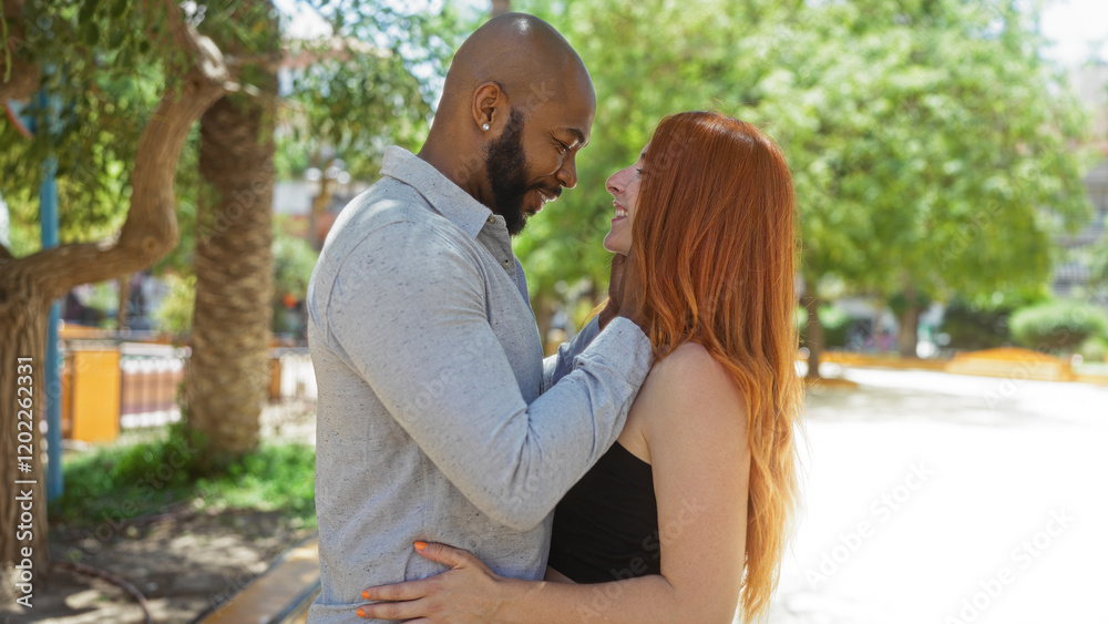 Fototapeta premium Interracial couple smiling in an outdoor urban park, with a man and woman enjoying a loving moment together.