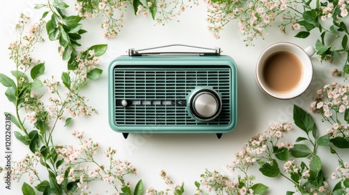 A flat lay of a retro turquoise radio surrounded by green leaves and pink flowers, with a cup of coffee beside it