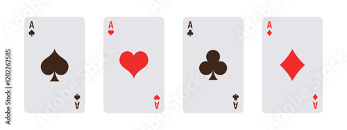 Card suits. All types of playing, poker cards on white background. Vegas casino red and white poker cards in row. Gambling addiction, risky money, lucky game. Vector illustration.