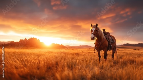 An emblem of freedom, the horse stands gracefully in a vast open field, as the sky is set ablaze with colors from a vivid sunset, capturing an inspiring scene. photo