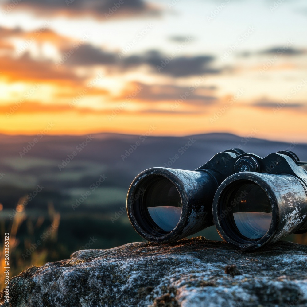 Professional ornithologist focusing on weathered binoculars for birdwatching, sunset-lit landscape, nature exploration Professional ornithologist focusing on weathered binoculars for birdwatching, sunset-lit landscape, nature exploration
