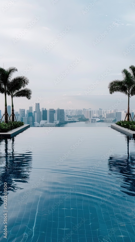 Fototapeta premium Enjoy a serene moment at an infinity pool surrounded by palm trees, with a city skyline in the background. The overcast sky enhances the tranquil atmosphere