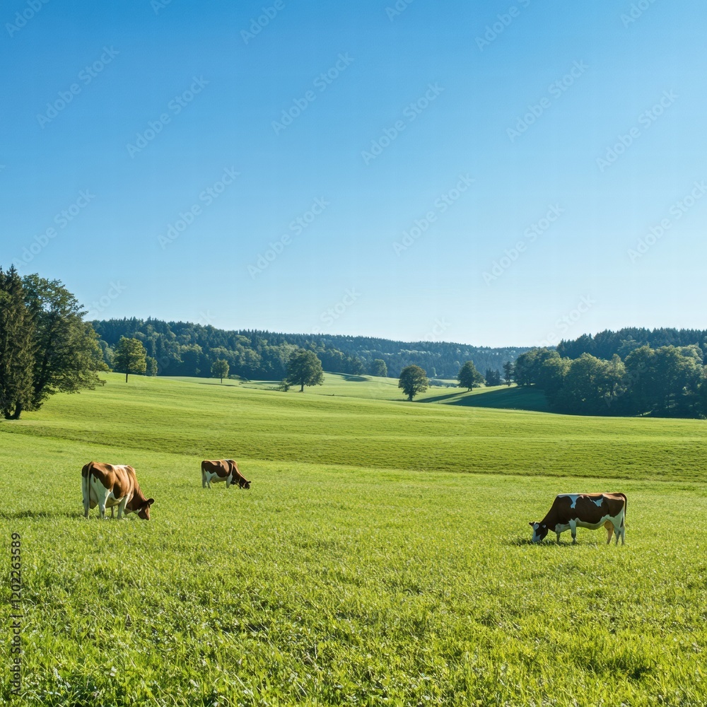 Cows grazing peacefully on a lush green meadow in a serene landscape during bright daylight. Generative AI Cows grazing peacefully on a lush green meadow in a serene landscape during bright daylight. Generative AI