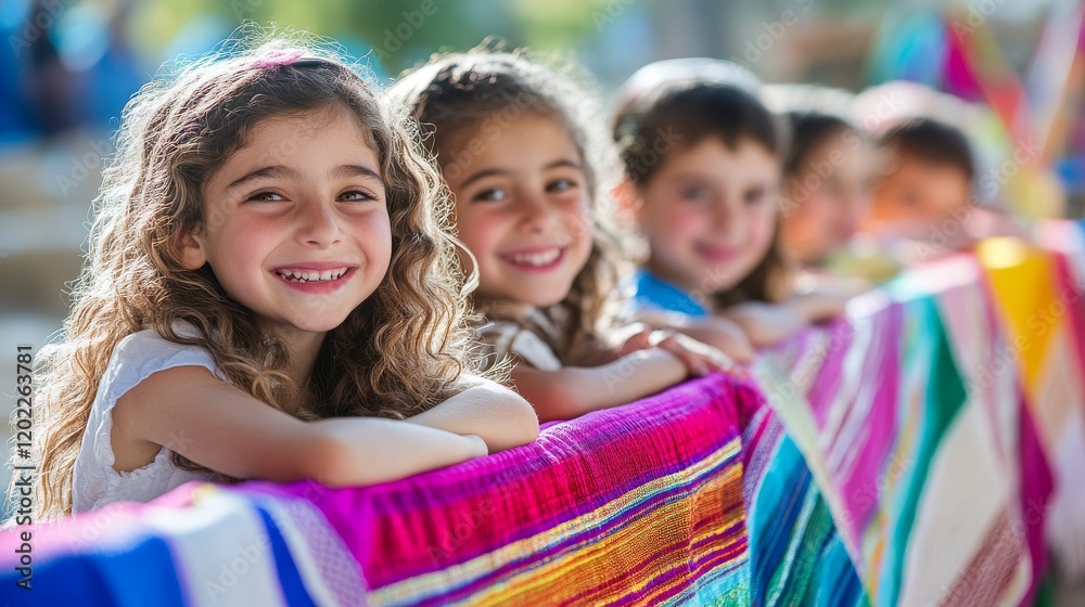 Fototapeta premium A group of smiling children with curly hair gathered around a colorful fabric display, enjoying a sunny day outdoors