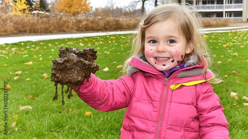A young girl standing in a field, her mischievous eyes gleaming as she holds a handful of mud, ready for playful fun.