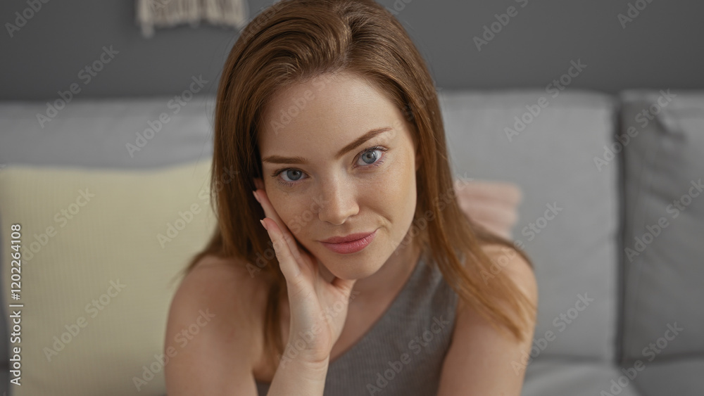 Beautiful young woman indoors with a redhead appearance posing attractively in a comfortable living room setting Beautiful young woman indoors with a redhead appearance posing attractively in a comfortable living room setting