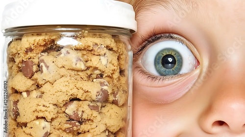 A child sneaking a cookie from a jar, their playful eyes glinting as they glance around to ensure no one sees.