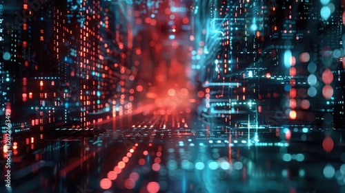 Wallpaper Mural Abstract picture with digital style scenery, high tech building scatter around glow fantasy neon light. Cyberspace scene with technology design construction and electric particle flow around. AIG53. Torontodigital.ca