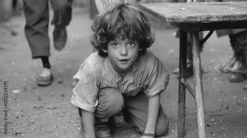 A child crouched under a table, their playful eyes filled with mischief as they prepare a harmless prank.