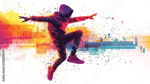 Vector illustration of popping dancer mid tutting pixelated with sharp geometric shapes and vibrant abstract colors energetic and bold on a white background photo