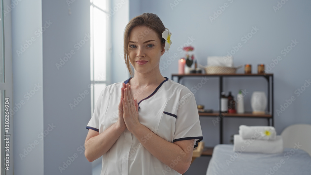 Young woman at a spa center standing indoors in a wellness room, smiling and wearing a white uniform with a flower in her hair Young woman at a spa center standing indoors in a wellness room, smiling and wearing a white uniform with a flower in her hair