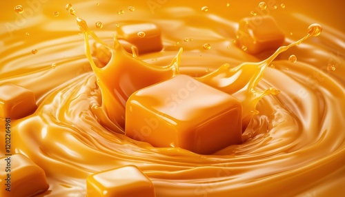 Delicious Caramel Sauce Swirl With Toffee Candies: A Sweet And Tasty Advertising Element Featuring Melted Caramel And Fudge.