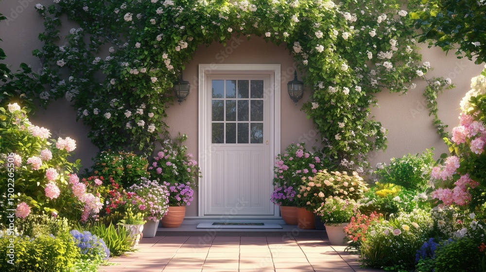 Fototapeta premium Under the golden rays of the sun, the house’s entrance is adorned with a variety of flowers and verdant plants, offering a delightful and welcoming sight.
