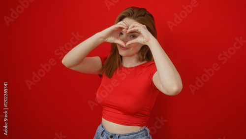Young woman forming a heart shape with her hands in front of a red wall, wearing a red top and blue jeans, isolated against the vibrant background, creating an attractive and cheerful scene