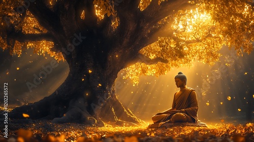 An artistic portrayal of Gautama Buddha sitting under a Bodhi tree with soft golden light, symbolizing enlightenment and tranquility