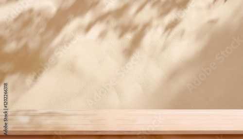 natural beige textured wall with soft tree shadow overlay and light wooden plank foreground, perfect for product display or design backdrop