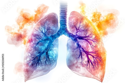 Digital illustration of human lungs with vibrant colors highlighting internal anatomy and respiratory system concept. photo