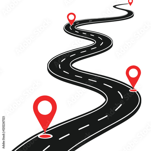 This graphic depicts a winding road with red location markers, suggesting a journey with multiple destinations or milestones.